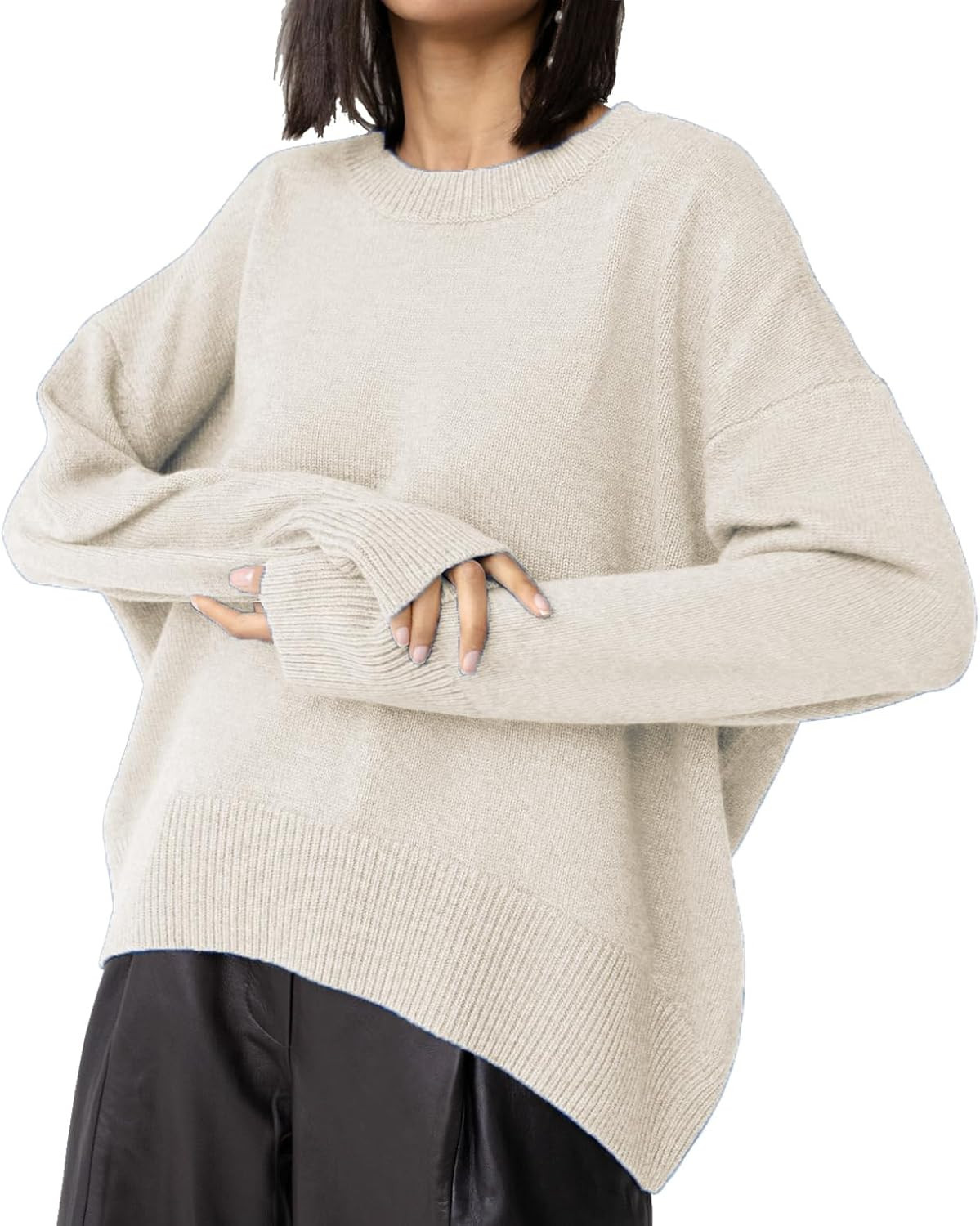 Oversized Crewneck Slouchy Knitted High Low Sweater for Women | Amazon (US)