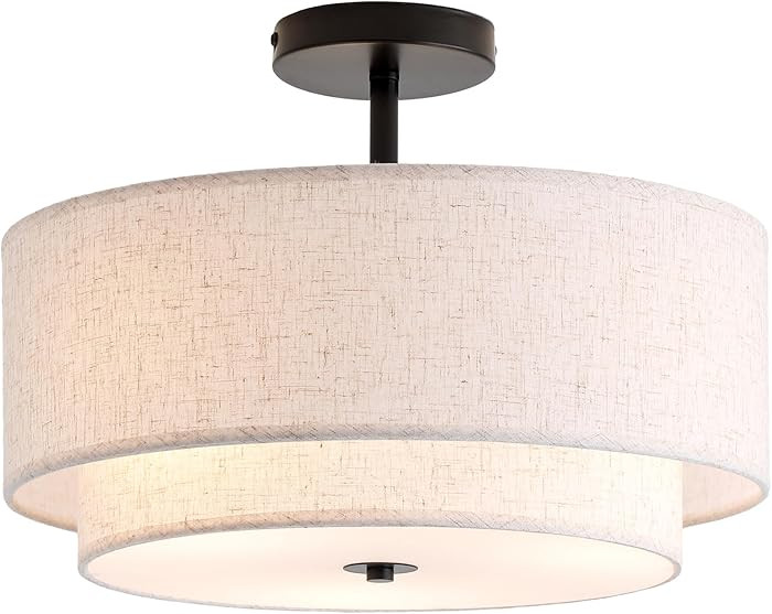 CALOKES 16" Double Drum 3-Light Semi Flush Mount Ceiling Light, Classic Fabric Linen Shade Design... | Amazon (US)