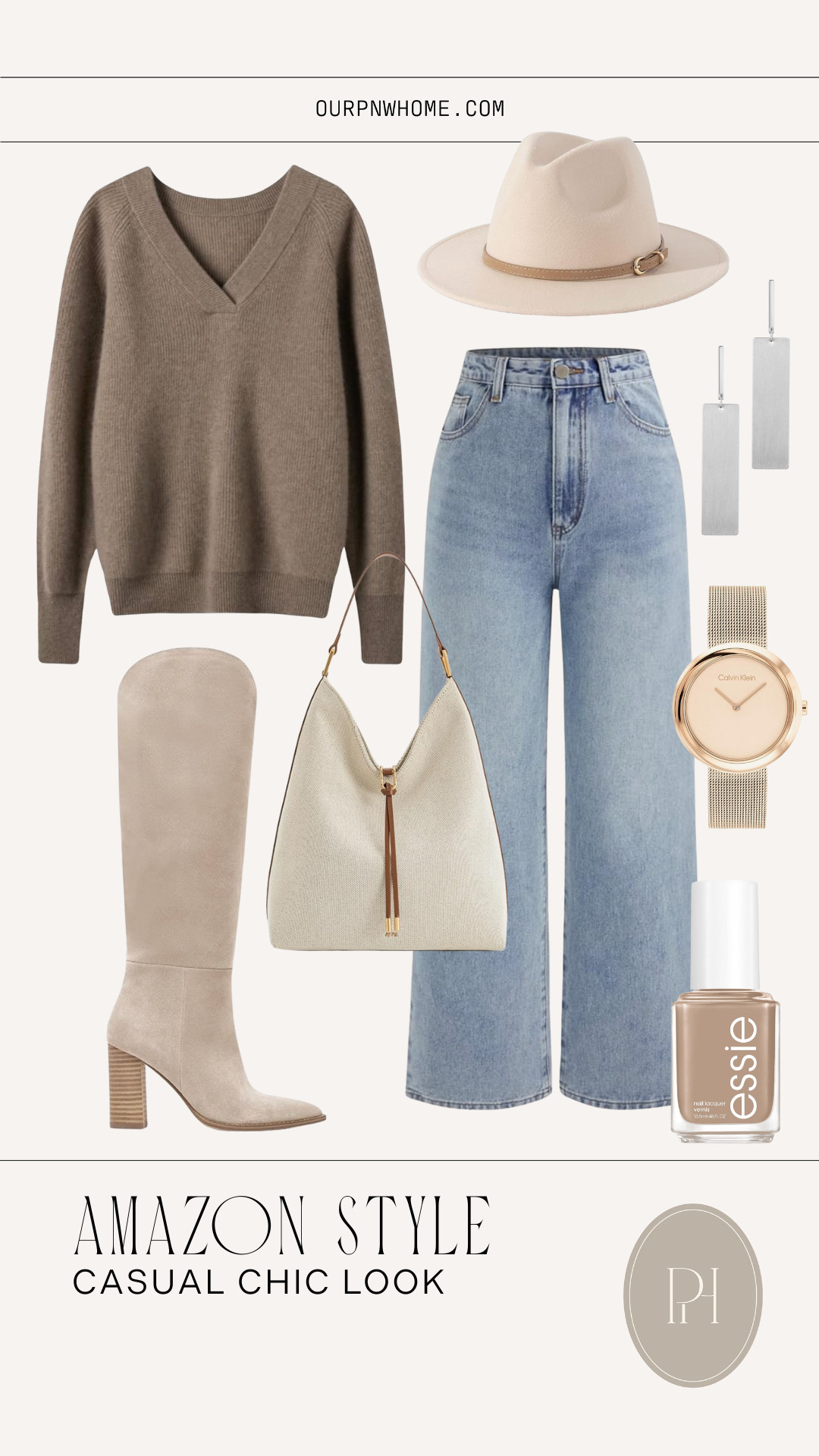 Casual chic look for fall from Amazon!

Amazon fashion, fall fashion, fall style, fall outfit, fall looks, wide leg jeans, flared jeans, classic sweater, v neck sweater, light brown sweater, neutral fashion, neutral sweater, off-white boots, knee high boots, high heeled boots, fall boots, fall shoes, fall footwear, watch, silver earrings, fall hat, fall fedora, white handbag, hobo bag, white purse, tan nail polish 

 #LTKStyleTip #LTKShoeCrush #LTKItBag