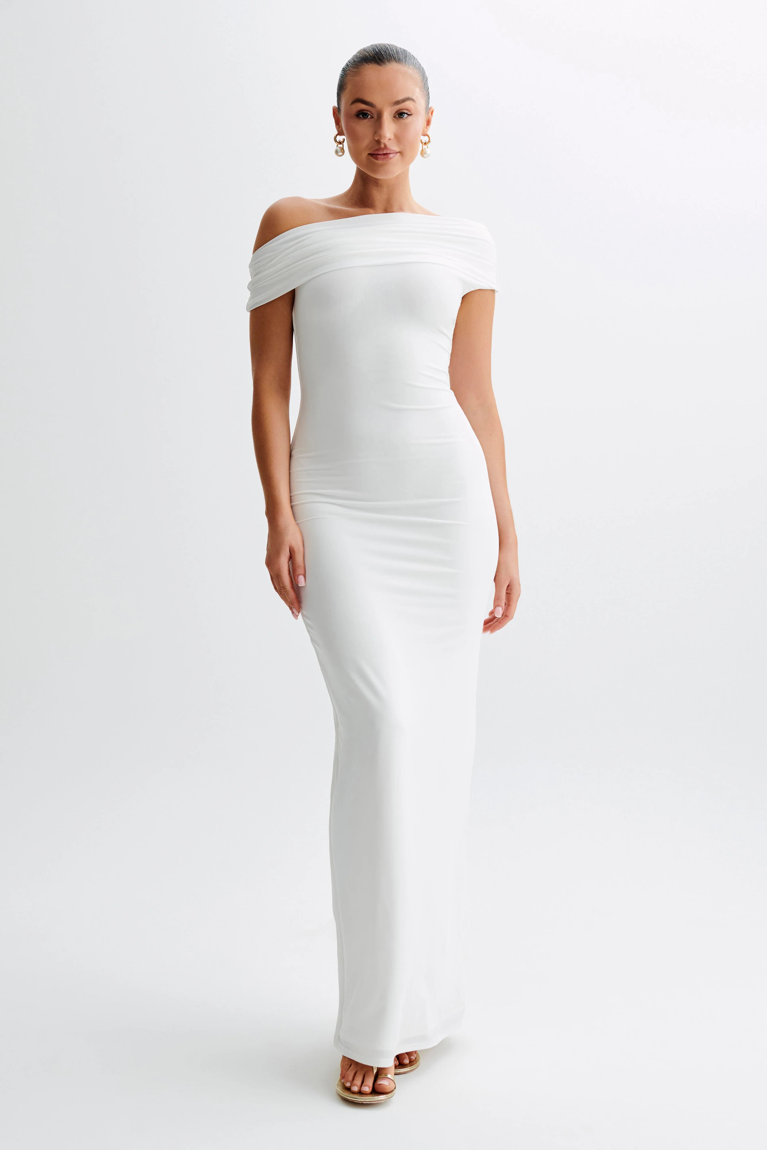 Cassandra Off Shoulder Slinky Maxi Dress - White | MESHKI US