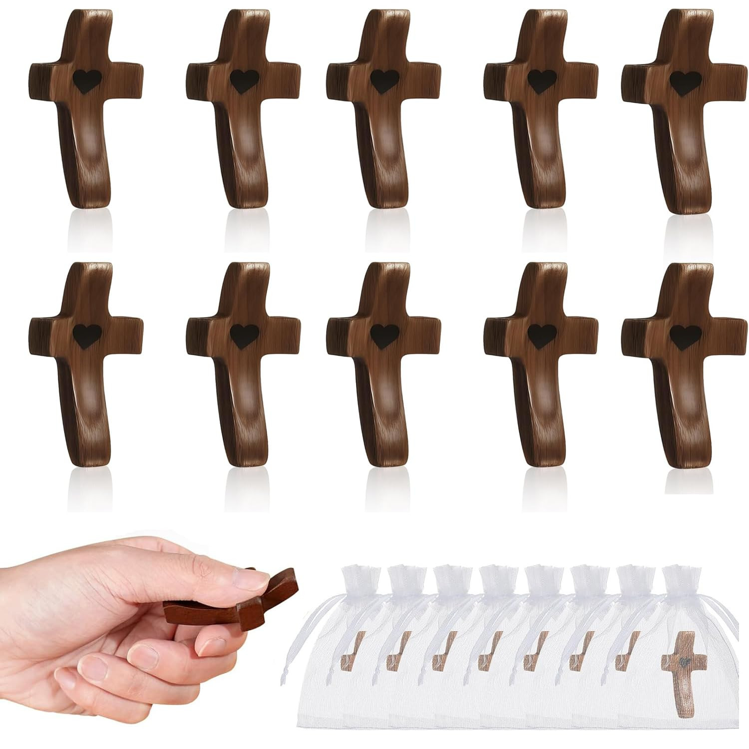 Handmade 10Pcs Wooden Cross Fidget Bulk with Organza Bags - Stress Relief Pocket Cross My Heart f... | Amazon (US)
