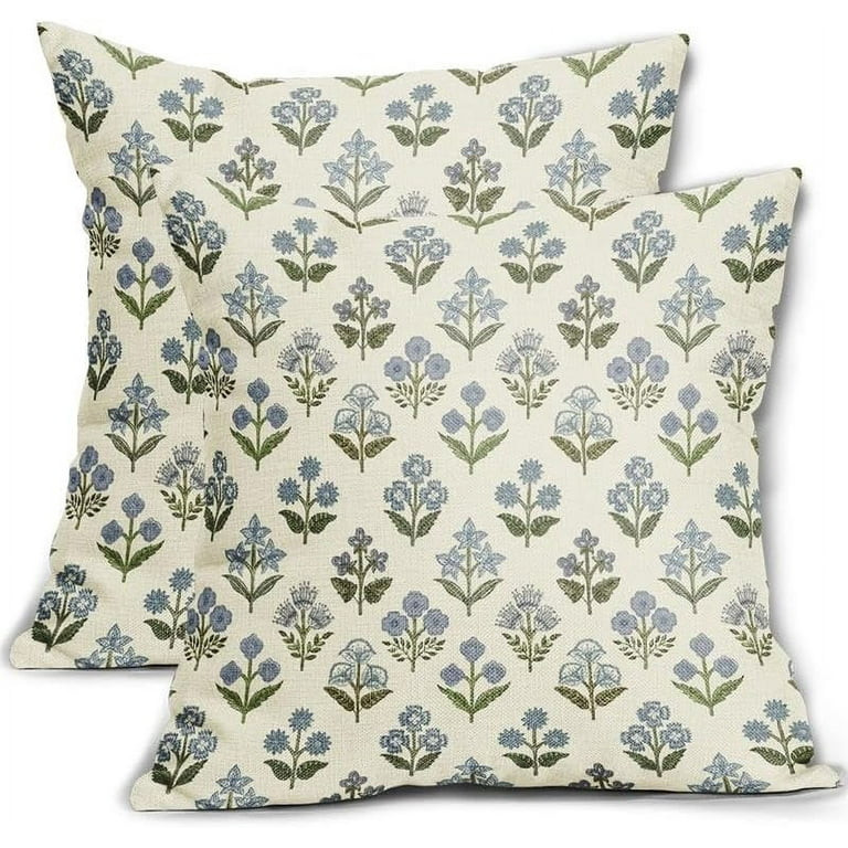 Blue Green Block Print Pillow Covers 18x18 Inch Set of 2, Vintage Floral Decorative Throw Pillow ... | Walmart (US)
