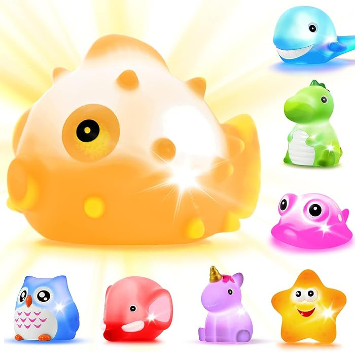 Bath Toys, 8 Pcs Light Up Floating Rubber Animal Toys Set, Flashing Color Changing Light in Water... | Amazon (US)