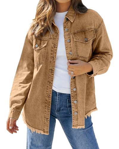 LookbookStore Women Jean Jackets Lightweight Brown Denim Jacket Women for Summer Trendy Country Concert Outfits Almond Brown Size XX-Large 20 22 | Amazon (US)