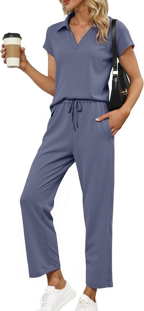 Glamaker Womens 2 Piece Summer Outfit Lounge Set Cap Sleeve Polo Top And Pant Set Tracksuit Trave... | Amazon (US)