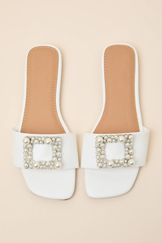 Lucinda White Pearl Slide Sandals | Lulus