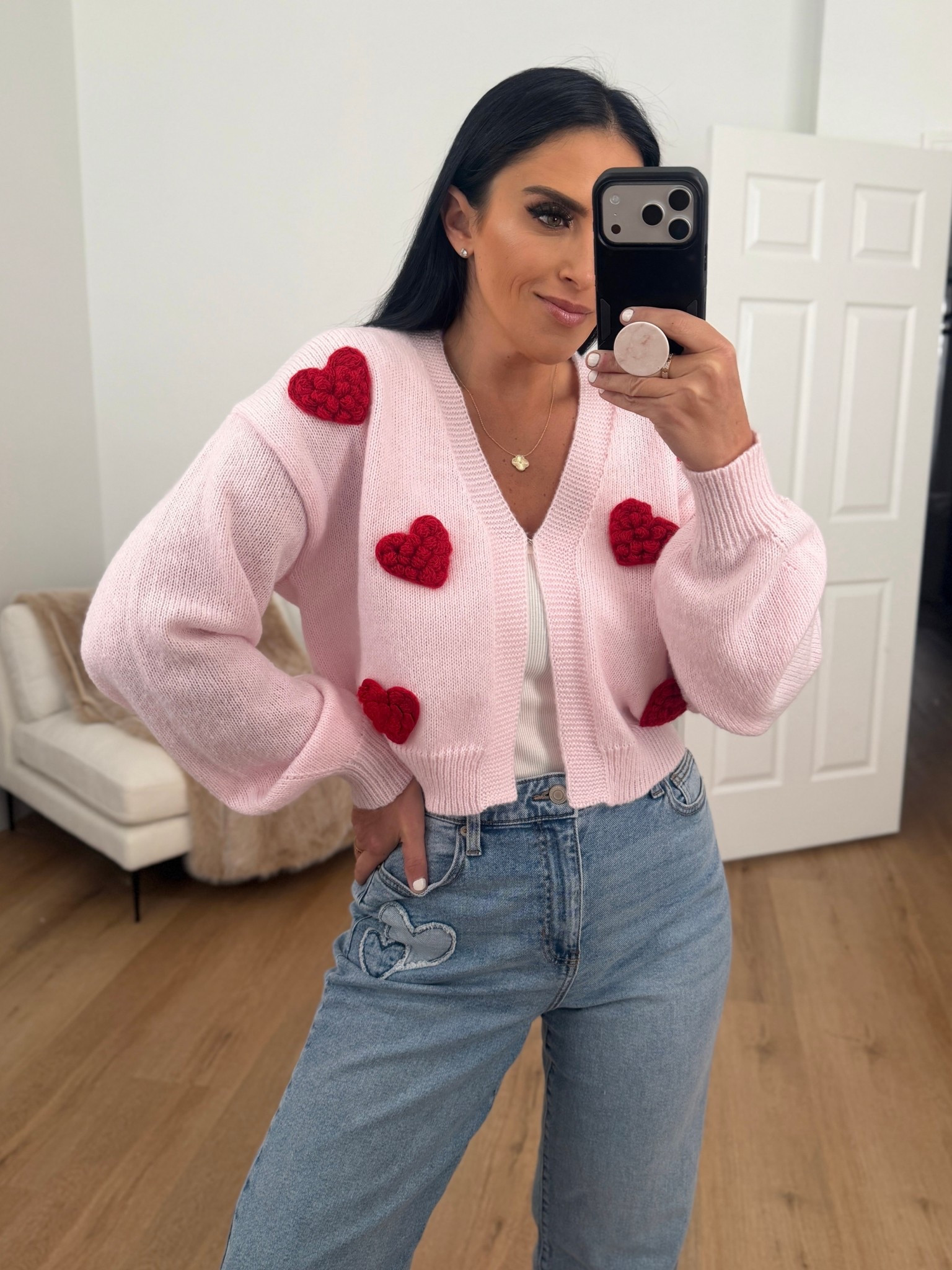 Madden NYC Women's Heart Cardigan wearing size small. No Boundaries High Rise Baggy Wide Leg Jeans with Heart Patch wearing size small. 
