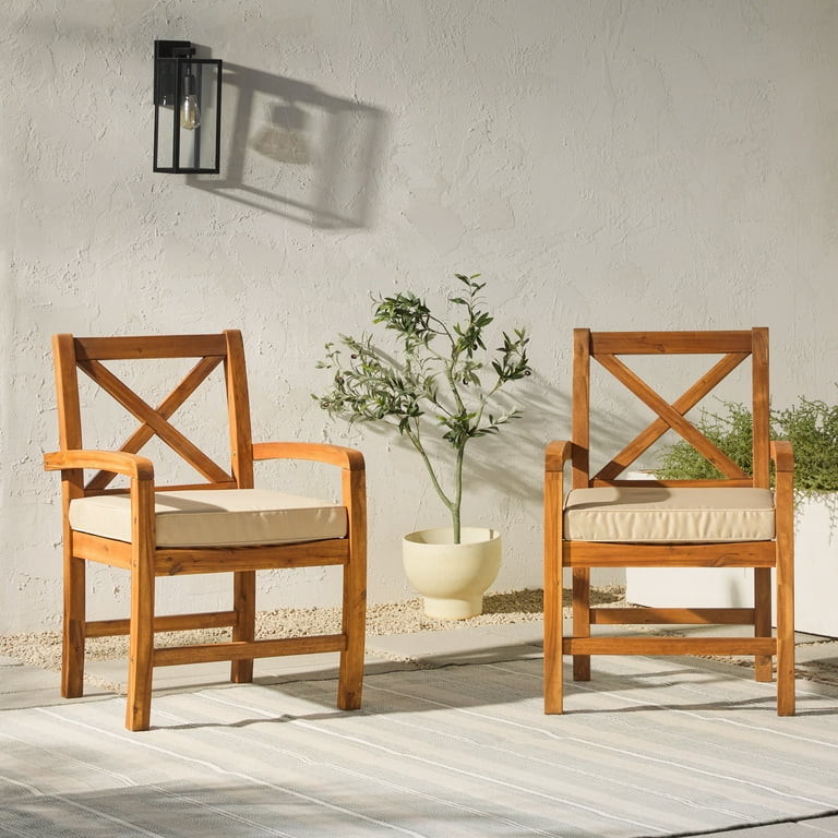 Walker Edison Classic 2-Piece X-Back Solid Acacia Wood Patio Chairs with Cushions - Brown | Walmart (US)
