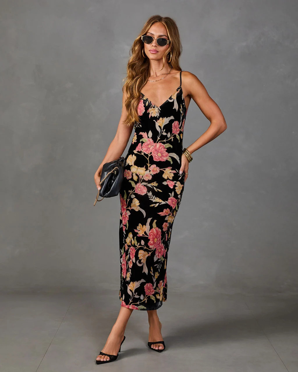 Villa Garden Floral Velvet Slip Midi Dress | VICI
