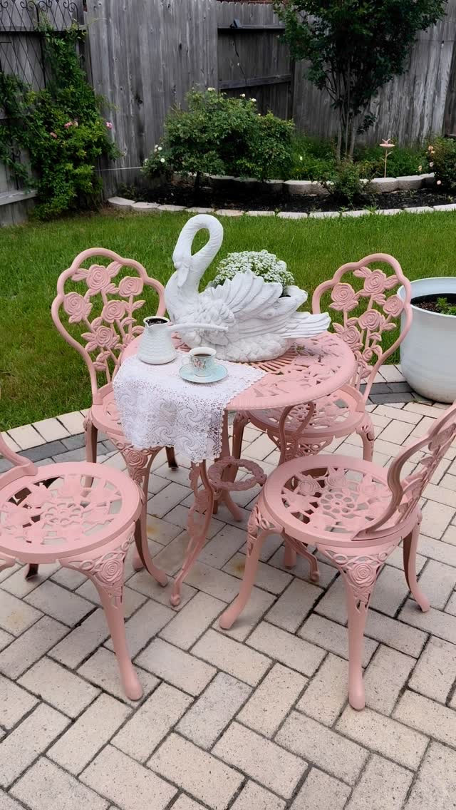 We’ve finally painted this charming little set! Thank you all for your votes 🤍🎀. As you can see, pink won, and I absolutely love it! The color turned out beautifully!

There’s nothing like enjoying a cup of coffee while surrounded by the delightful scent of roses and herbs with every gentle breeze. 
Happy Spring to all! 🤍💐🐰 

🤍

🤍

🤍
#frenchcottage #frenchcountry #shabbychic #whitefarmhouse #farmhouse #candles #cozyhome #vintagestyle #vintagedecor #vintagefarmhouse #neutrals 
#frenchfarmhouse #homedecor #vintage  #whitesandwoods #relaxing #comfycozy #salve #salves #naturalskincare #nochemicalskincare #chemicalfreehome #handmadegifts #etsyseller #europeanfarmhouse