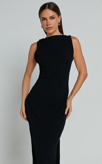 Jessenia Maxi Dress - Linen Look High Neck Dress in Black | Showpo (US, UK & Europe)