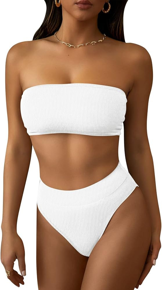 Pink Queen Women's Ribbed High Waisted Bikini Set Removable Strap Bandeau Swimsuit | Amazon (US)