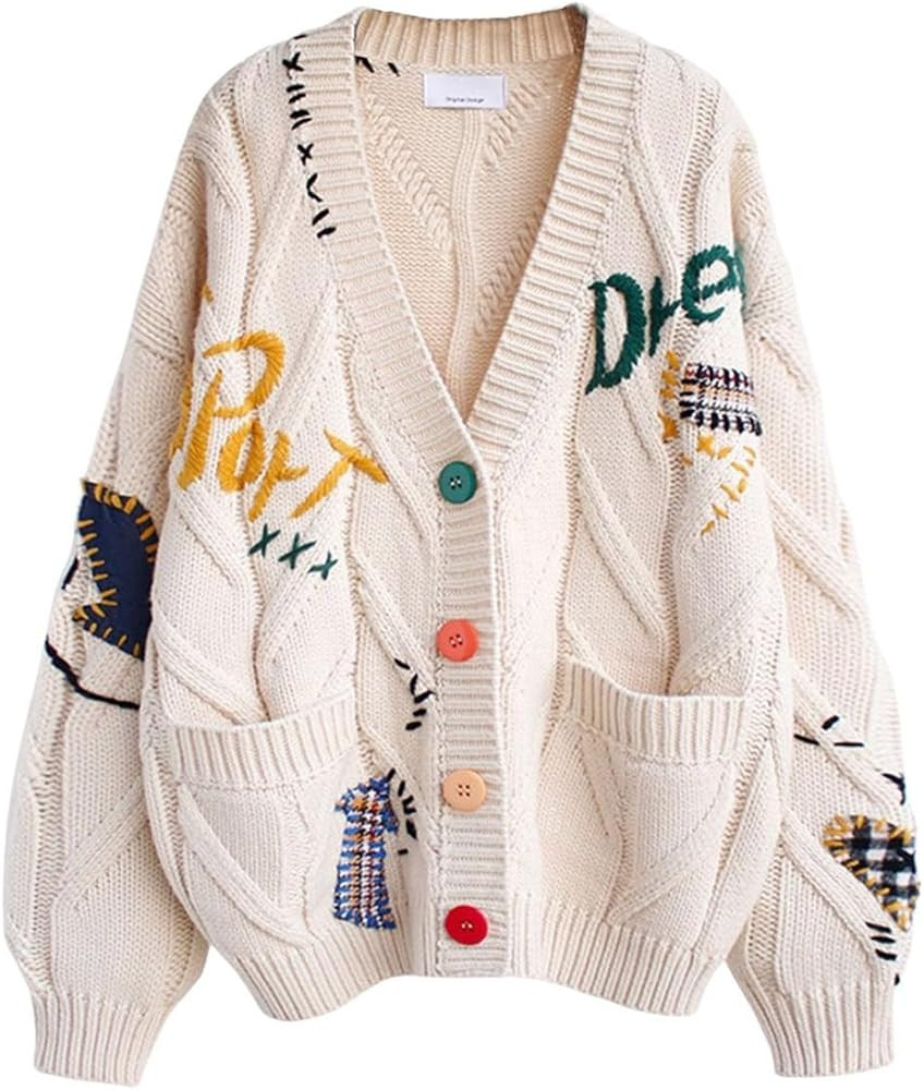 CHARTOU Women Chunky Cable Knit Cardigan Embroidery Button Down Sweater Jacket Knitwear | Amazon (US)