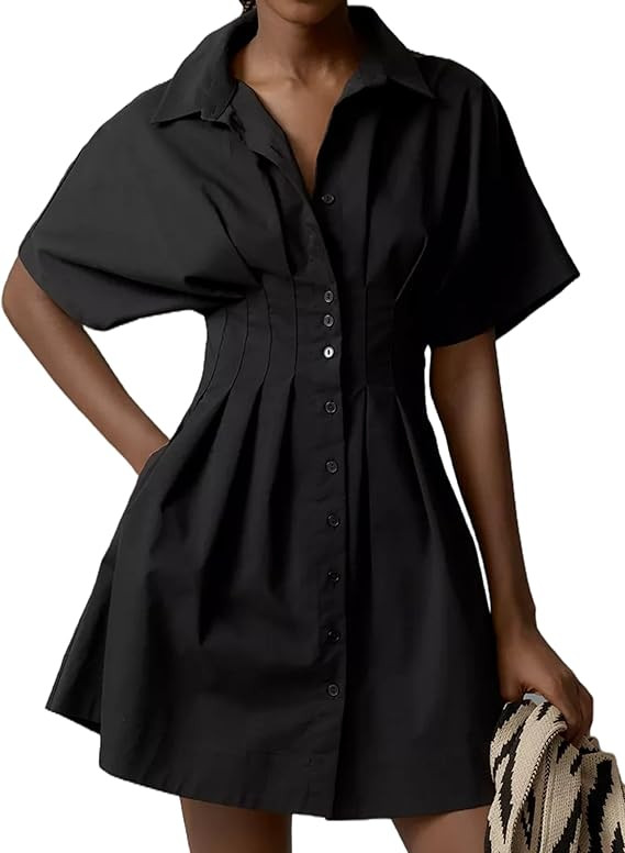 Women Button Front Pleated Mini Shirt Dress Summer Short Sleeve Striped Blouse Casual Corset Dres... | Amazon (US)