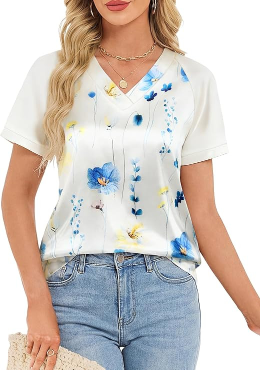 Funlingo Womens Silk Satin Tops Summer Color Block Short Sleeve Blouses V Neck Graphic T Shirts T... | Amazon (US)