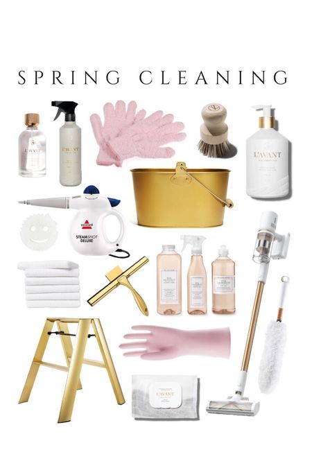Spring cleaning essentials, spring cleaning products, clean living, non toxic plant based products gold cleaning caddy gold step ladder gold squeegee chic room spray dish soap pink gloves kitchen accessories utility closet organization 

#LTKunder50 #LTKsalealert #LTKhome