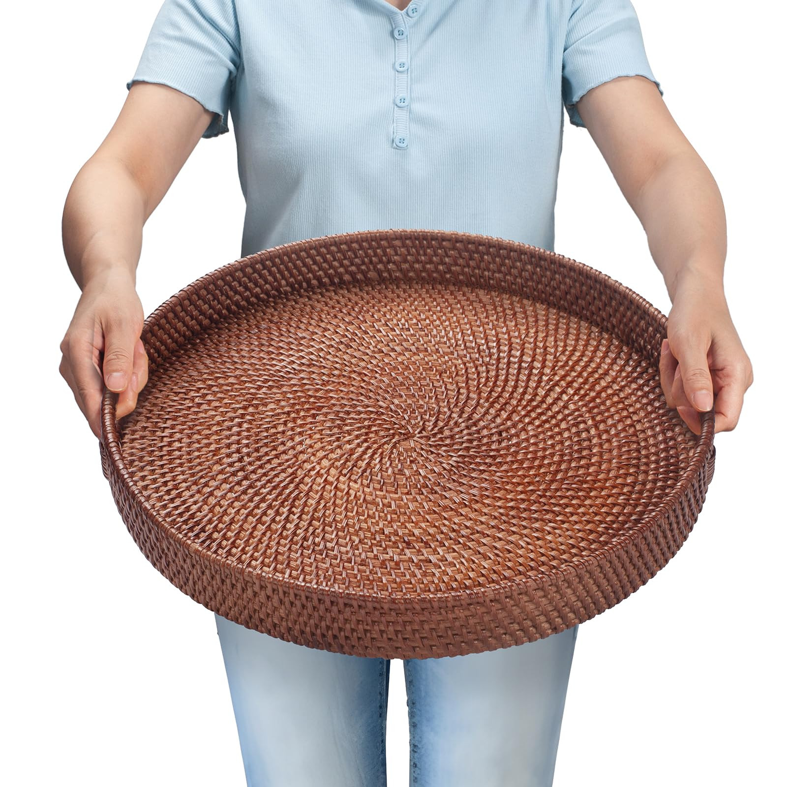 16.9 inch Round Rattan Tray, Woven Large Serving Tray with Handles, Wicker Serving Basket, Coffee... | Amazon (US)