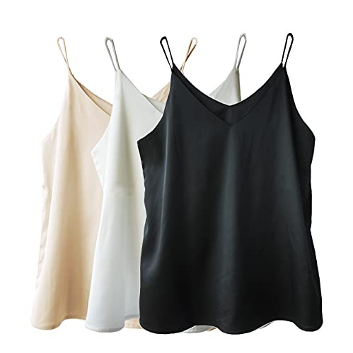 Wantschun 3pcs Womens Silk Satin Camisole V-Neck Tank Top Blouse Shirt Spaghetti Strap Cami Strappy Vest Basic - Black+White+Champagne, XL | Amazon (US)