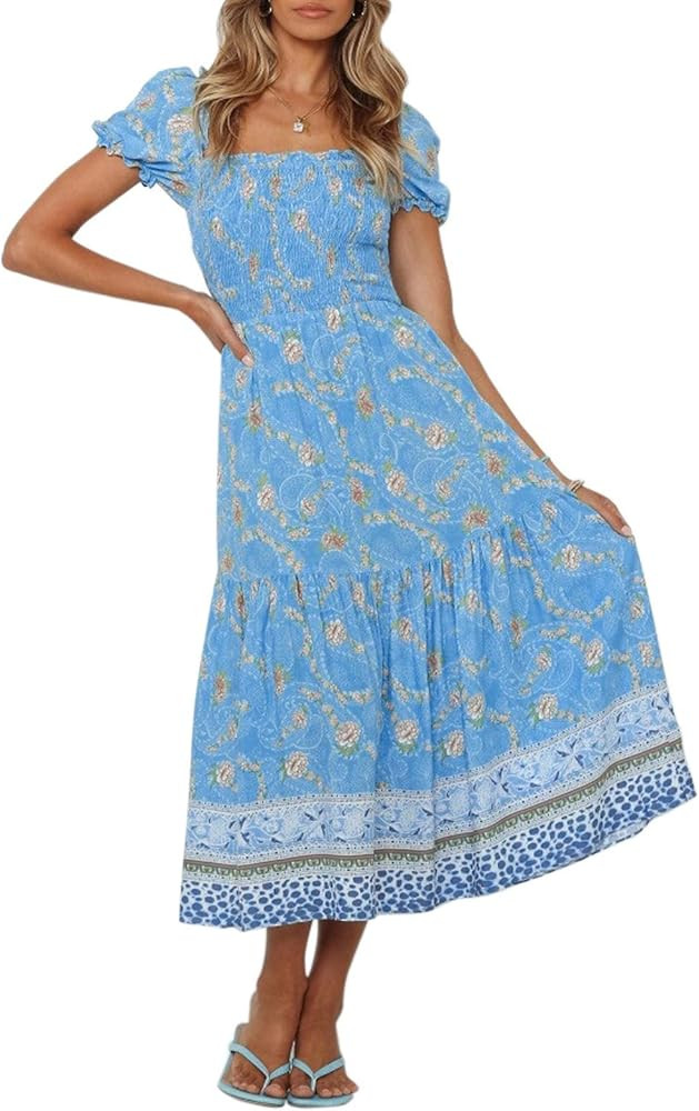 ZESICA Women's 2023 Summer Boho Floral Print Square Neck Ruffle Swing Beach Long Maxi Dress | Amazon (US)