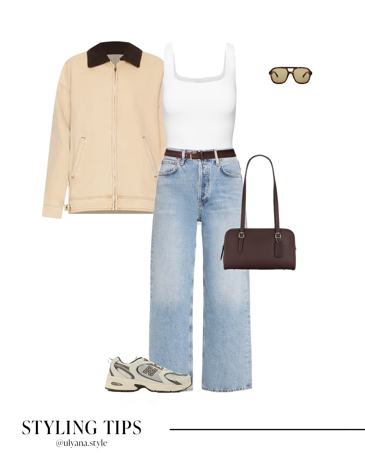 Fall outfit inspiration you’ll actually wear on repeat! A classic workwear barn jacket layered over a white tank top, straight leg light wash jeans, and comfy fall sneakers makes the perfect casual yet polished everyday look. I added a shoulder bag, brown belt, and sunglasses to pull it all together. ✨ This versatile outfit works for everything from coffee runs to casual Fridays at the office, weekend brunch, or strolling around the city. 
.
.
.
.
.


Causal Fall outfits | fall shoes | fall jacket | cream jacket | jeans outfits | jeans and sneakers | fall jeans outfit | high waisted jeans | light jeans | new balance sneakers | brown sneakers | casual sneakers | casual work outfits | fall bag | brown bag | designer bag | outfit ideas | outfit inspo | basic tops 

#LTKSeasonal #LTKFallSale #LTKShoeCrush #LTKItBag #LTKPetite #LTKWorkwear #LTKFindsUnder100 #LTKStyleTip #LTKFindsUnder50 #LTKU #LTKTravel #LTKSaleAlert