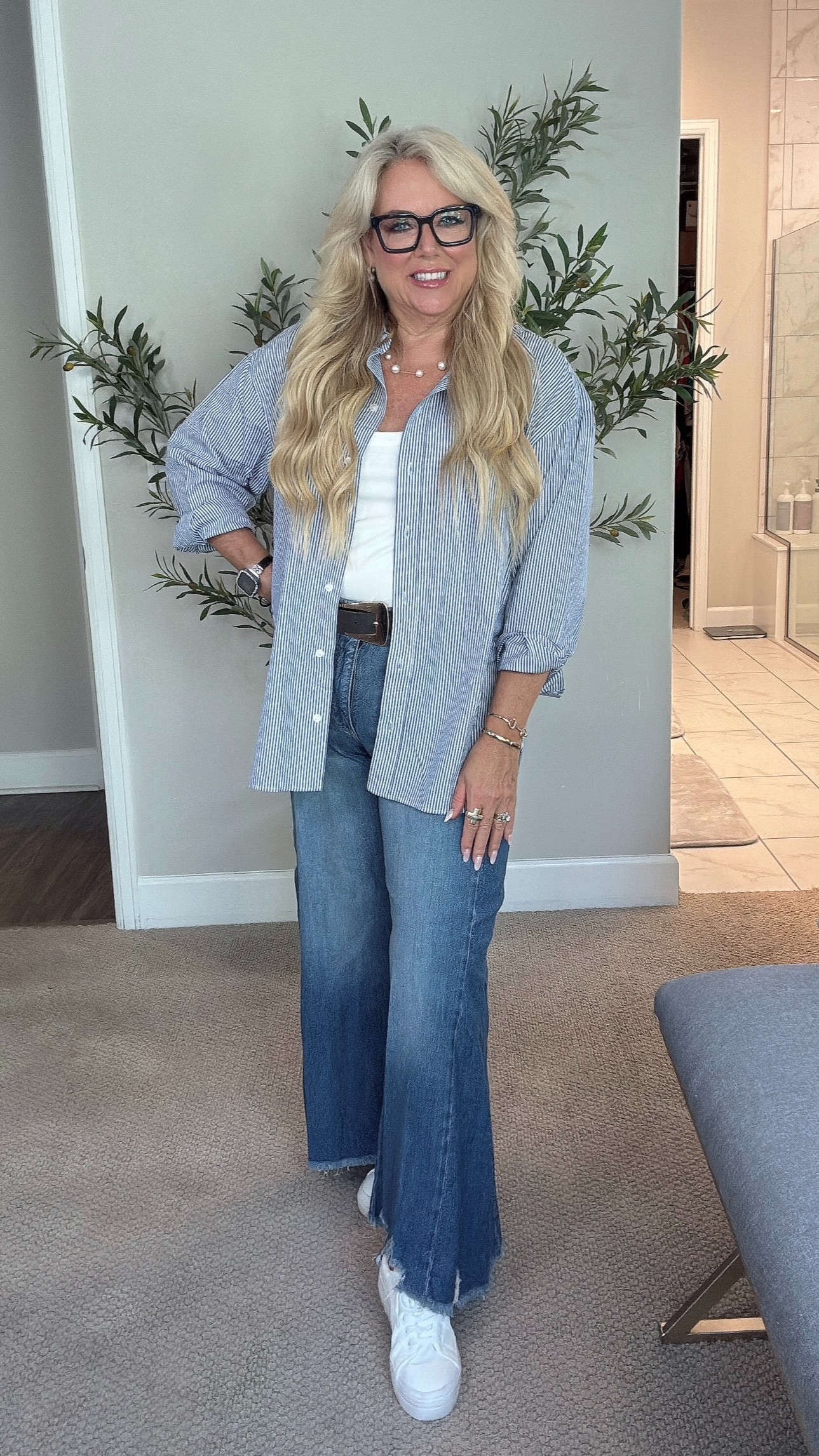 ✨ Hey, let’s talk about the most comfortable jeans I have ever worn (29) ! I love them so much, I had to get them in two colors! 💙🤍 They’re classic, flattering, and seriously feel like a dream. I paired them with a timeless blue-and-white oversized pinstripe shirt (L)—because you can never go wrong with crisp classics—and finished the look with pearls for that elegant touch. Simple, chic, and effortless. #LTKStyle #ClassicStyle #ComfortableJeans #PinstripeShirt #PearlDetails #ChicAndTimeless #EffortlessStyle 

 #LTKOver40 #LTKMidsize #LTKFindsUnder50