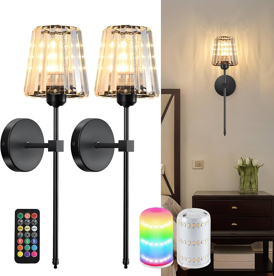 Battery Operated Crystal Wall Sconces Set of 2, Black Wireless Wall Sconce with USB Rechargeable ... | Amazon (US)