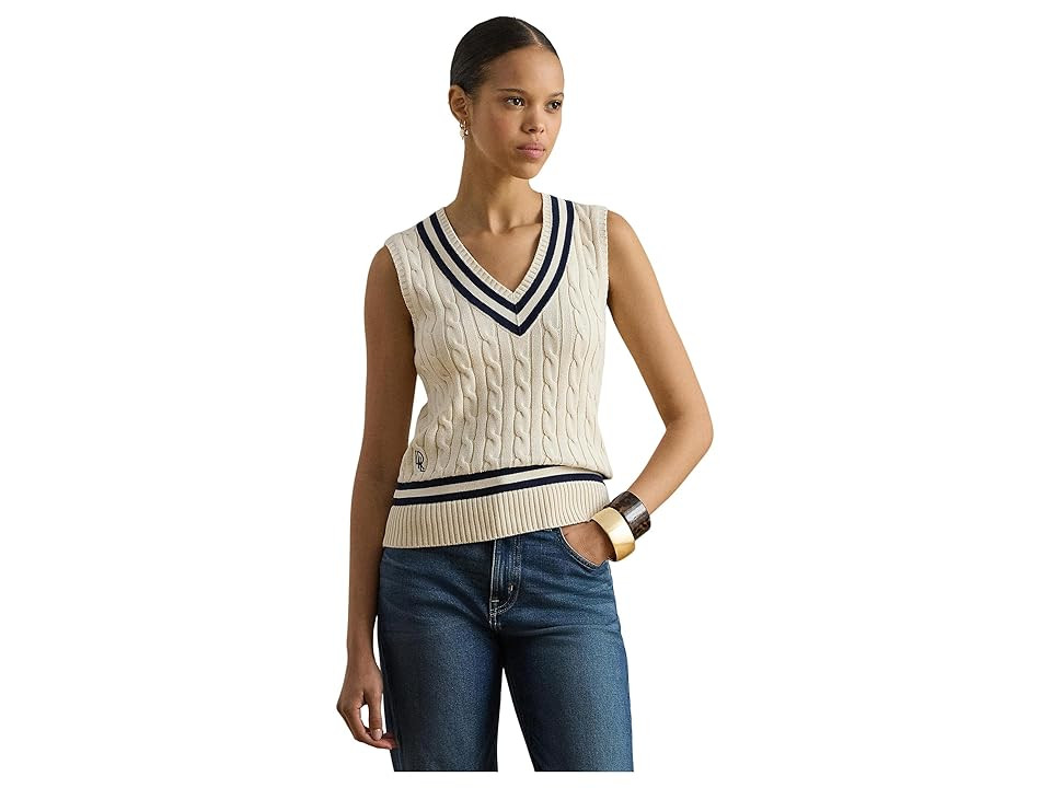 Lauren Ralph Lauren Cable-Knit Cotton Cricket Sweater Vest Women's Sweater Mascarpone Cream/Refined Navy : SM | Zappos