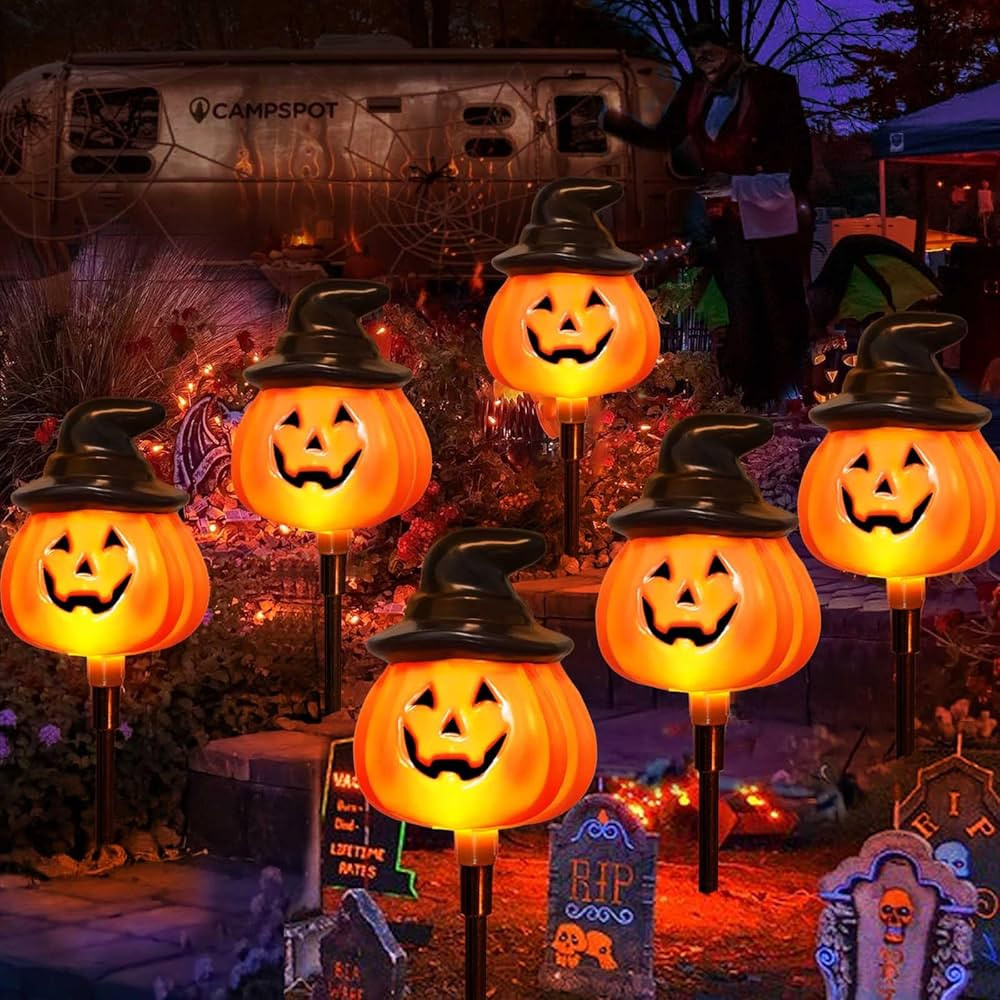 6 Pack Solar Jack O Lantern Stake String Lights - Orange Halloween Pathway Decor for Outdoor Hall... | Amazon (US)
