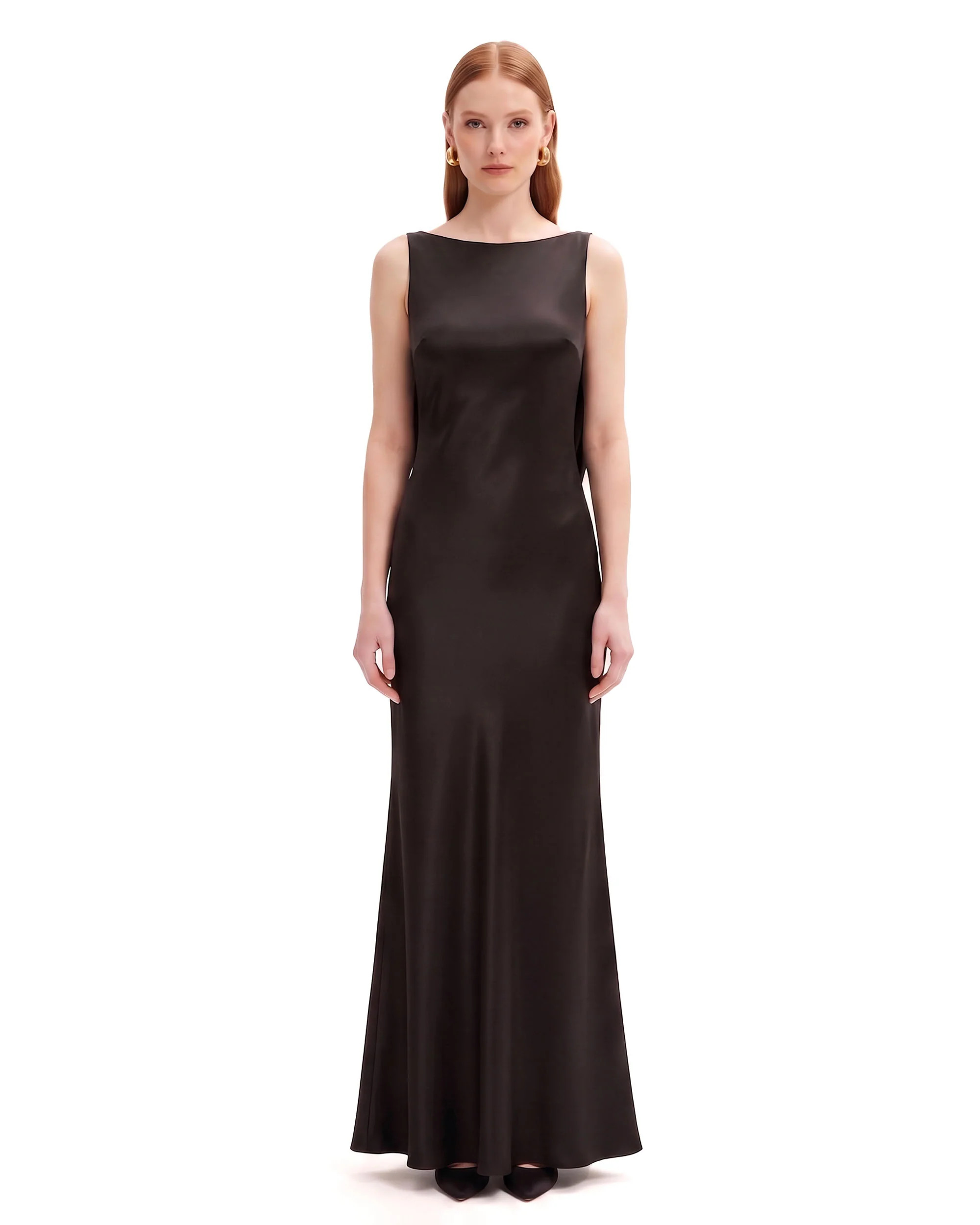 Tulip Appliqu\u00e9 Cowl-Back Satin Column Maxi Dress - Black | JW PEI US