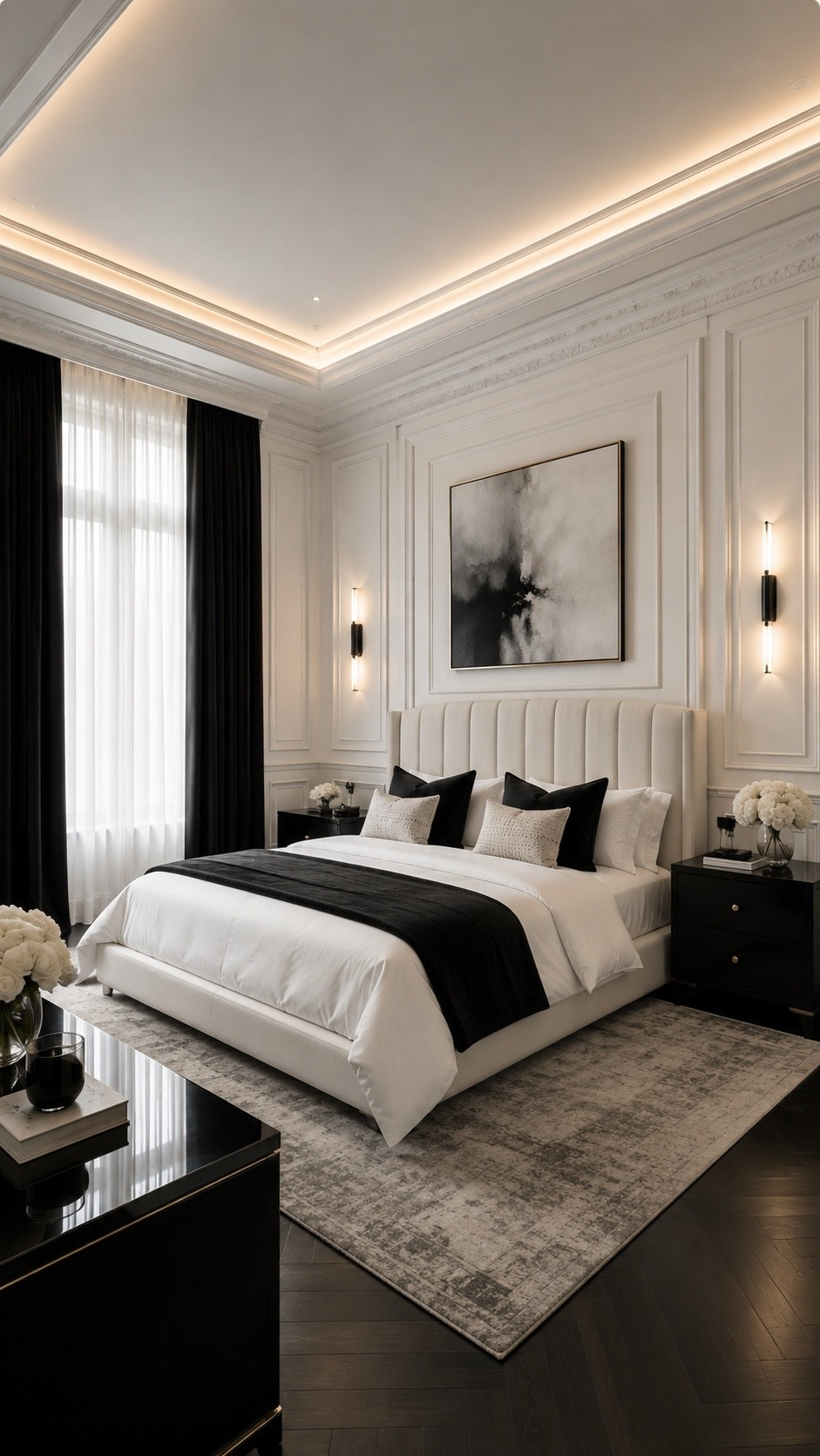 Shop This Room — link below. Recreate this elegant black-and-white bedroom with a soft ivory upholstered bed, crisp layered bedding, dramatic black accents and timeless wall molding. Matte black nightstands, warm sconces, abstract artwork and a vintage-inspired neutral rug create a sophisticated designer bedroom with a polished quiet-luxury feel.

#BedroomInspo #LuxuryBedroom #ModernBedroom #BedroomDecor #BlackAndWhiteInterior #ParisianStyle #QuietLuxury #LuxuryInteriors #NeutralBedroom #ModernClassic #InteriorDesign #HomeDecor #BedroomIdeas #LuxuryHome #DesignerBedroom #ElegantInteriors #NeutralHome #ModernHome #InteriorInspo #HomeInspiration #LTKHome #LTKFinds #HomeFinds #BedroomFinds