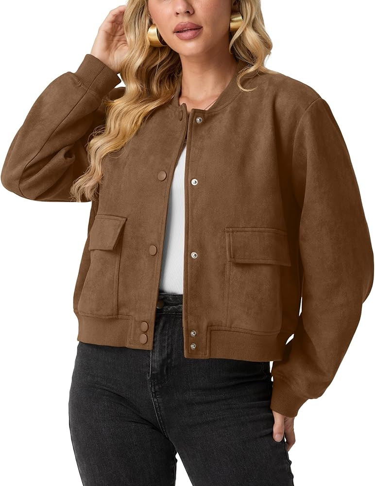 GRECERELLE Womens Faux Suede Leather Bomber Jacket Cropped Button Down Long Sleeve Casual Varsity... | Amazon (US)