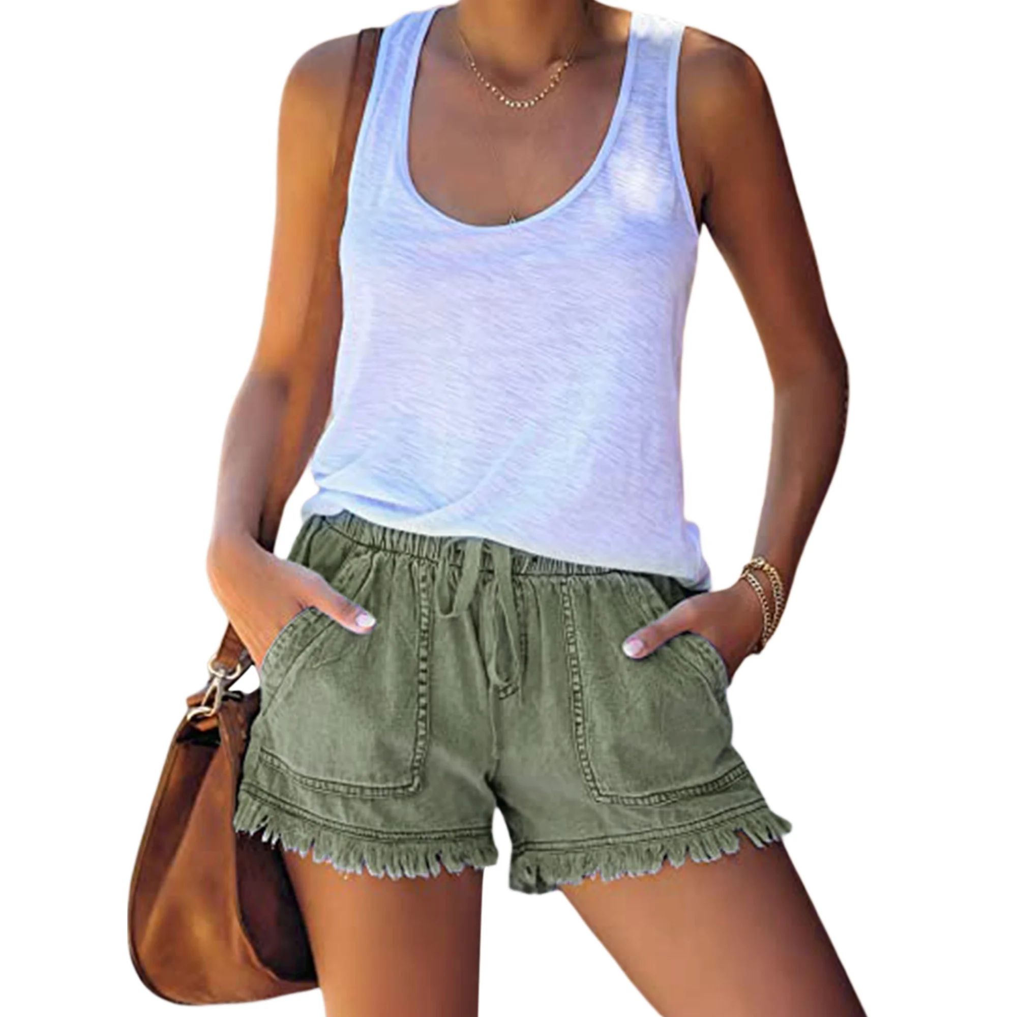 Womens Washed Denim Shorts Drawstring Elastic Waist Frayed Hem Loose Jeans | Walmart (US)