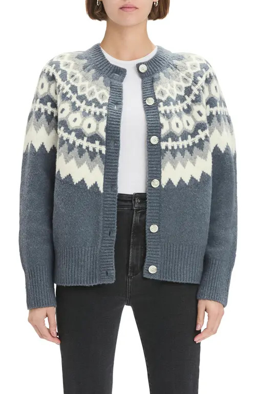 Favorite Daughter The Snowed In Fair Isle Merino Wool & Cashmere Blend Cardigan in Charcoal at Nordstrom, Size Medium | Nordstrom