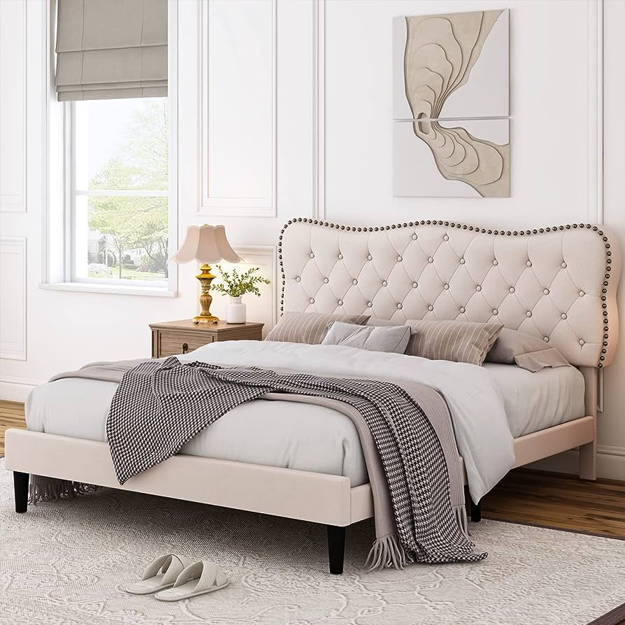 HOSTACK Queen Size Bed Frame, Linen Fabric Upholstered Platform Bed Frame with Adjustable Headboa... | Amazon (US)