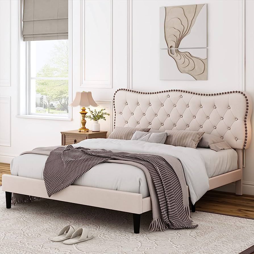 HOSTACK Queen Size Bed Frame, Linen Fabric Upholstered Platform Bed Frame with Adjustable Headboa... | Amazon (US)