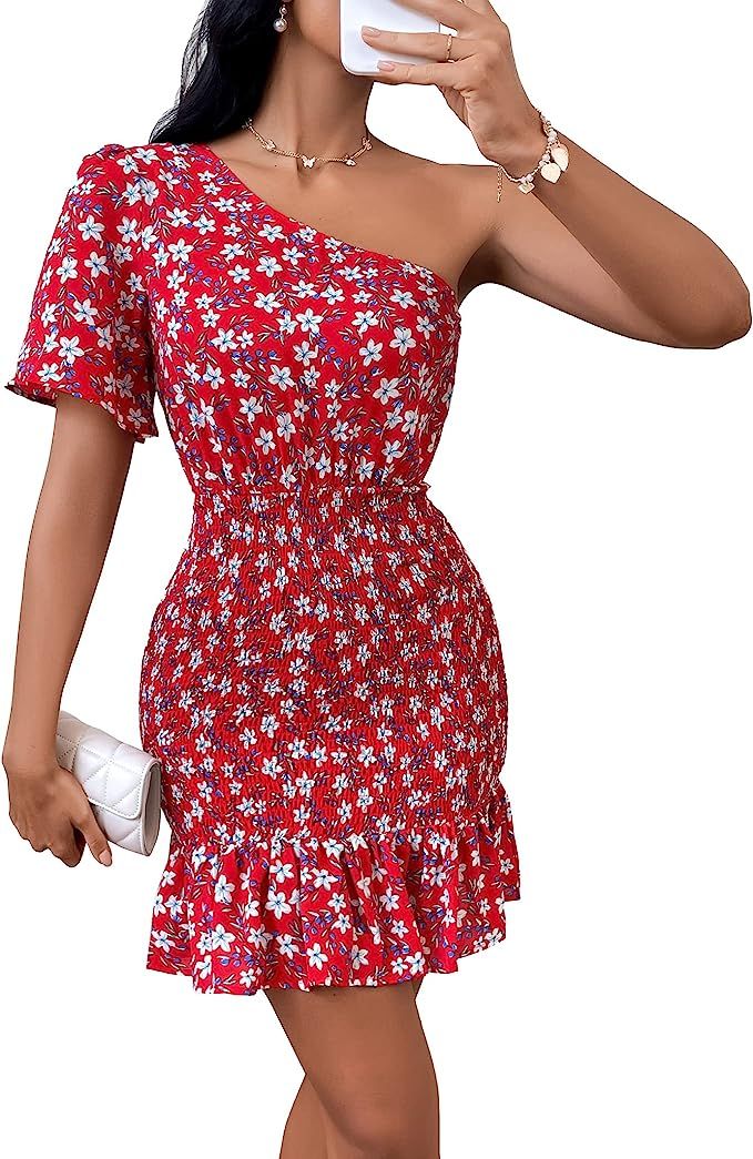 KIRUNDO 2023 Women's Summer One Shoulder Floral Bodycon Mini Dress Smocked Ruffle Mermaid Hem Sho... | Amazon (US)