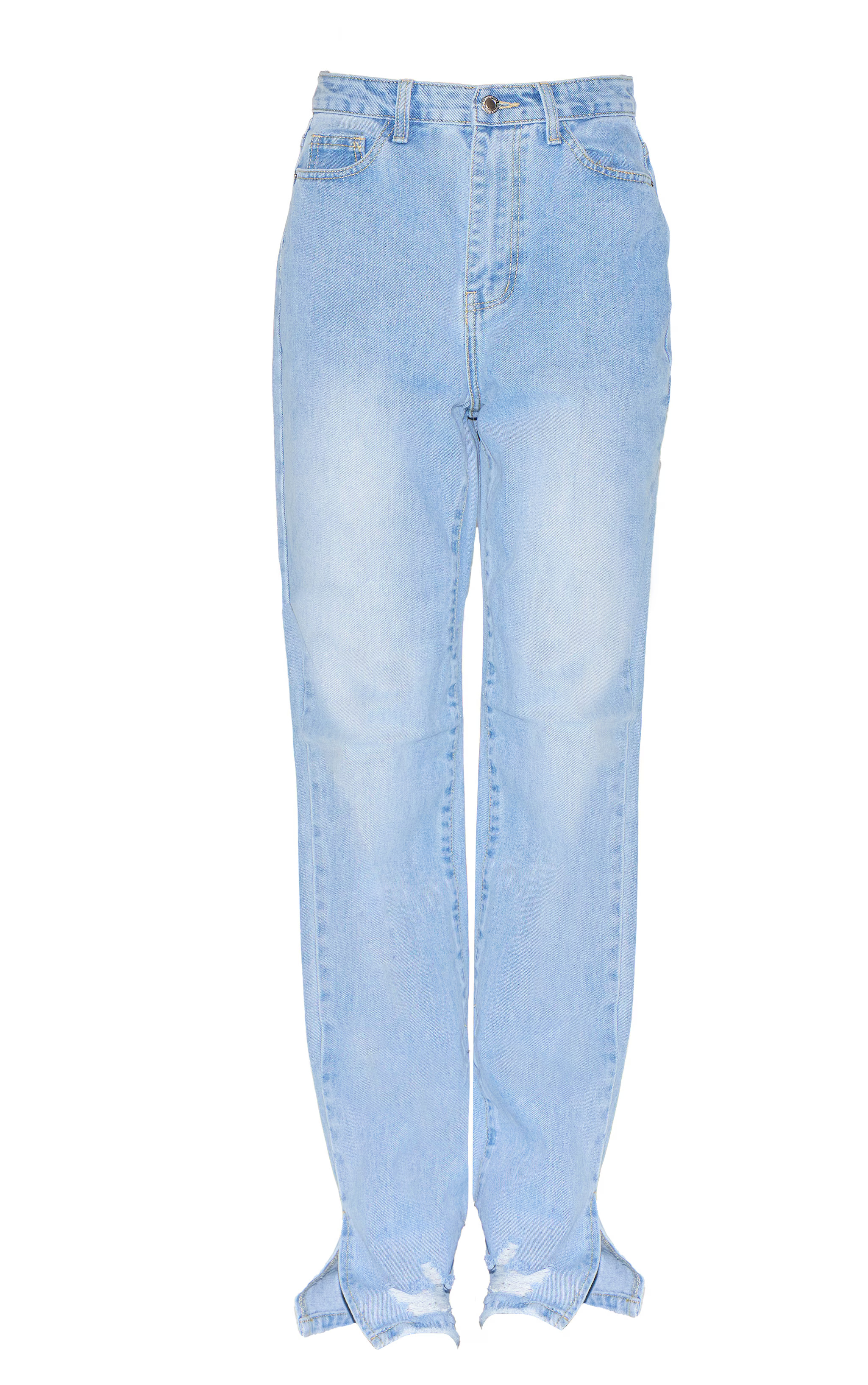 Light Blue Wash Split Hem Straight Leg Jeans | Denim | PrettyLittleThing US