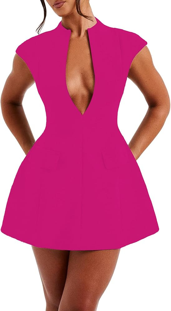 LuFeng Women's Summer Sexy Cap Sleeve Deep V Neck Zipper A-line Mini Dress Hollow Bodycon Night O... | Amazon (US)