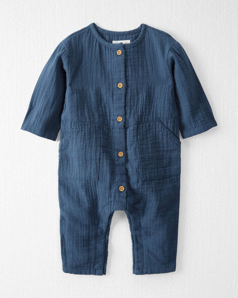 Little Planet Baby Organic Cotton Gauze Button-Front Jumpsuit Baby Size 24M Dark Sea Blue | Carter's