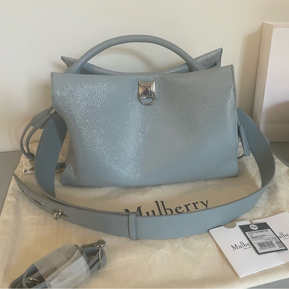 Authentic MULBERRY IRIS Cloud Blue spongy patent leather bag & triple lock strap | Poshmark