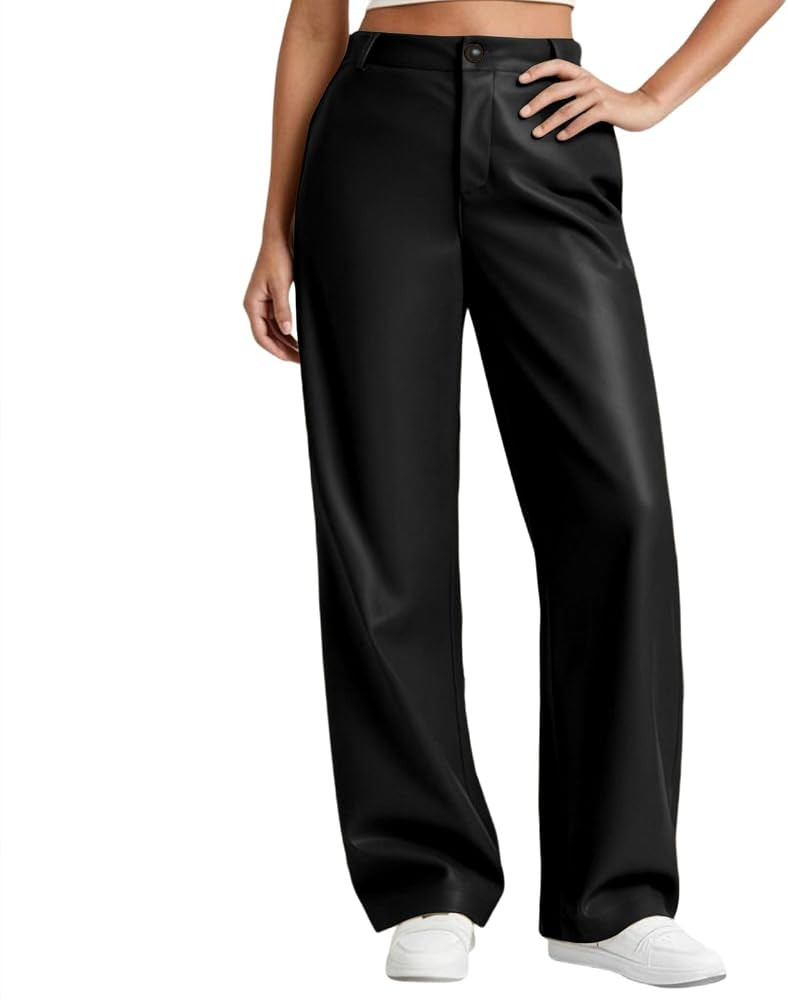 Faux Leather Wide Leg Pants for Women PU High Waist Leggings Bell Bottom Straight Wide Leg Work O... | Amazon (CA)