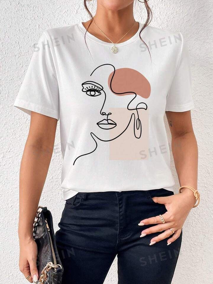 SHEIN Essnce Casual Abstract Human Figure Printed Round Neck Short Sleeve Loose Women's T-Shirt | SHEIN