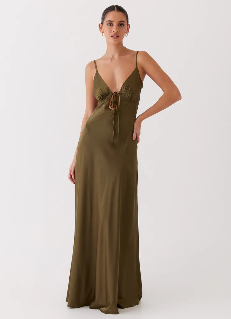 Flora Satin Maxi Dress - Khaki | Peppermayo (Global)
