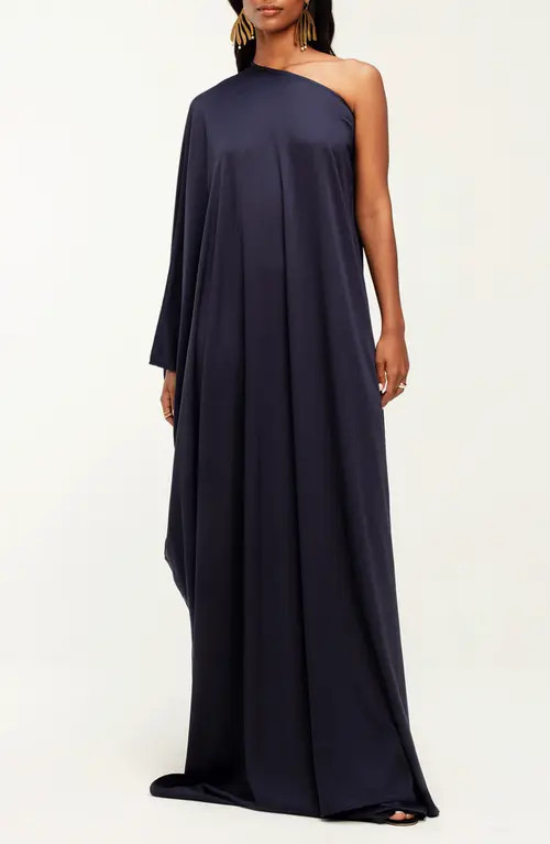 DIARRABLU Navy Solid Satu One-Shoulder Long Sleeve Satin Maxi Dress in Blue at Nordstrom, Size Large | Nordstrom
