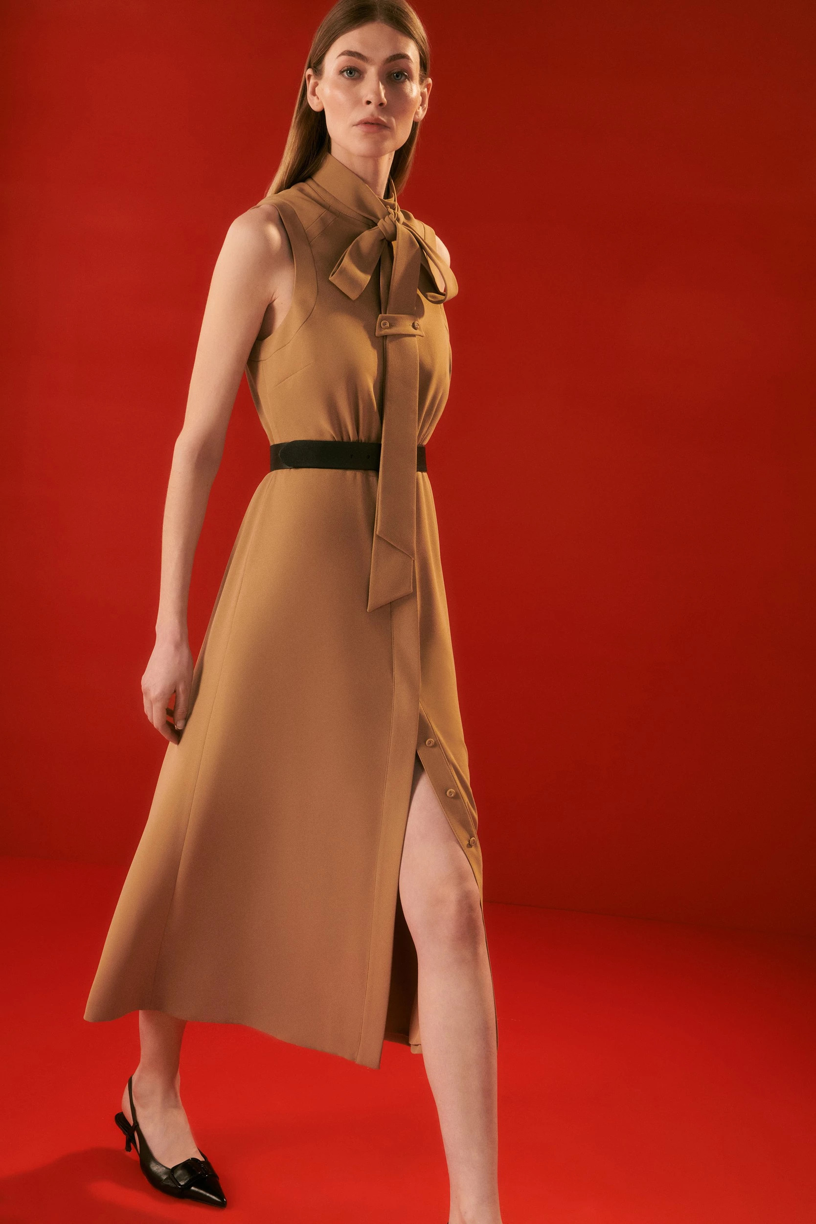 The Founder Petite Tie Neck Woven Midi Dress | Karen Millen US