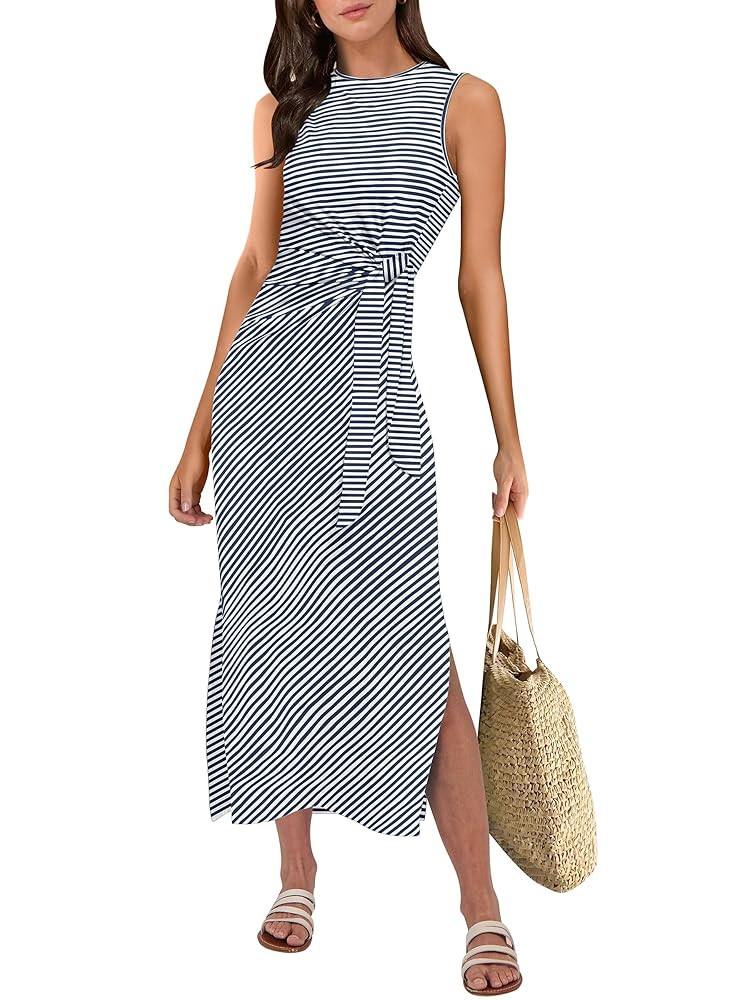 ANRABESS Womens Summer Casual Sleeveless T Shirt Midi Dress Slim Fit Tie Waist Split Tank Long Dr... | Amazon (US)
