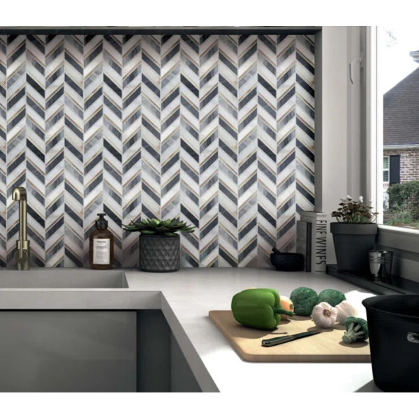 Stella 1" x 3" Chevron Metal Marble Mosaic Wall Tile | Wayfair North America