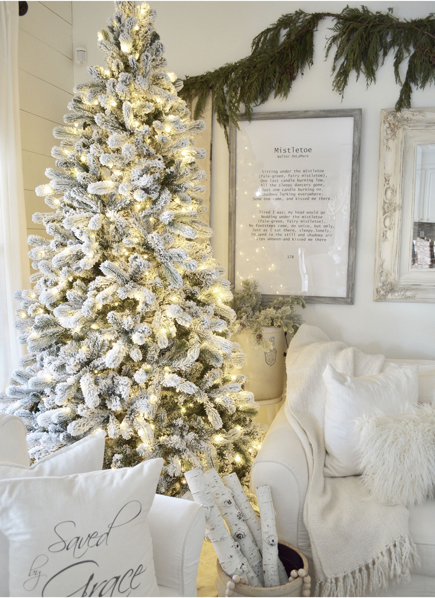 7.5 Foot King Flock™ Artificial Christmas Tree With 800 Warm White LED Lights + Power Pole | King of Christmas