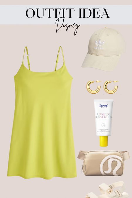 Outfit idea - Disney. 

Athletic dress - cami dress - adidas hat - sunscreen Supergoop - gold hoops - lululemon belt bag - slides 

#LTKstyletip #LTKtravel #LTKunder50