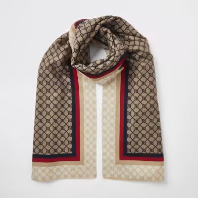 Brown RI monogram stripe trim scarf | River Island (US)